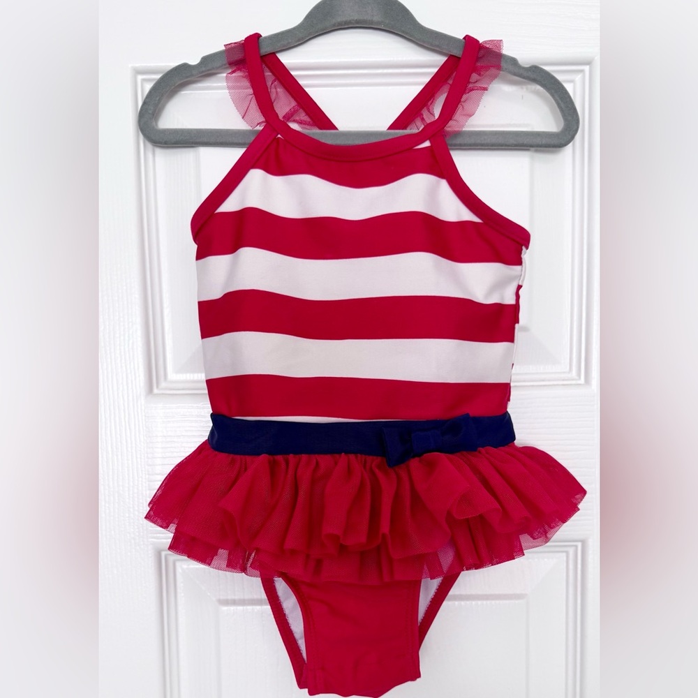 Red and White Striped Tutu One-Piece Swimsuit with Navy Bow